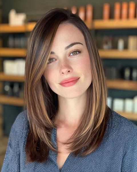 Błyszczące cięcie średniej długości z subtelnymi karmelowymi refleksami