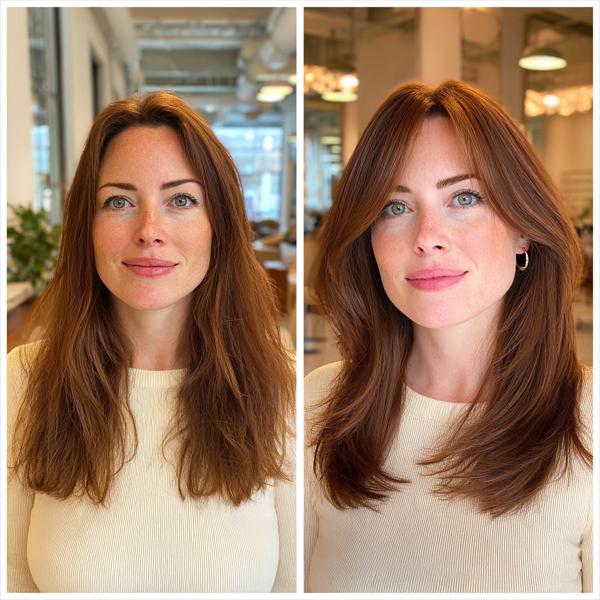 Błyszczące średniej długości cięcie z delikatnymi warstwami i subtelnymi pasemkami podkreślającymi twarz