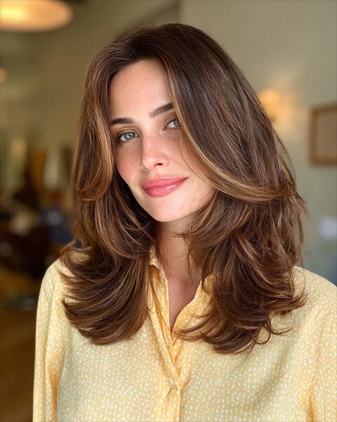 Eleganckie średniej długości warstwowe cięcie z subtelnymi pasemkami