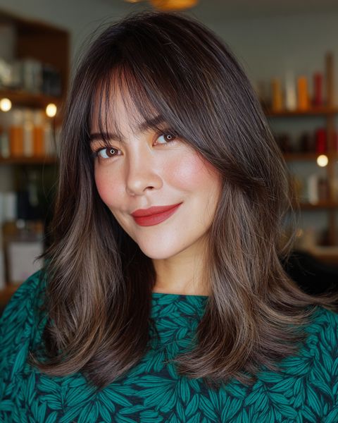 Miękkie warstwowe cięcie z grzywką podkreślającą rysy twarzy