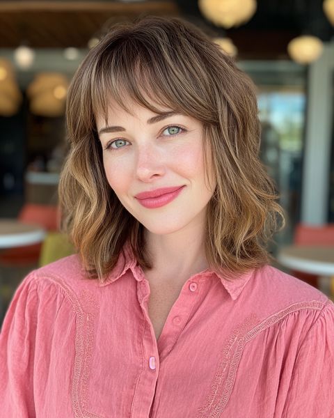 Stylowa fryzura średniej długości z delikatną grzywką i teksturą