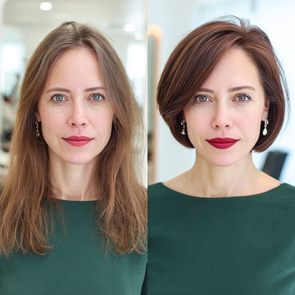 Stylowy bob z delikatnymi warstwami i głębokim, kasztanowym kolorem