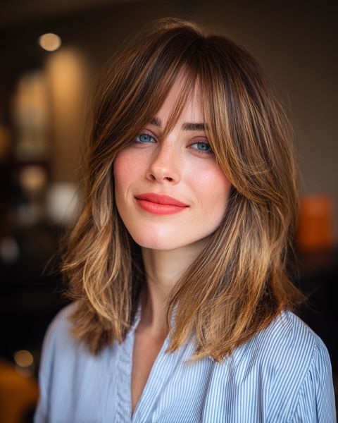 Teksturowana fryzura do ramion z delikatną grzywką