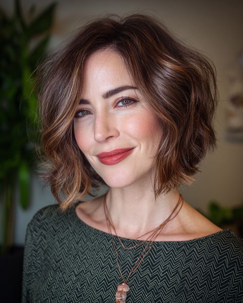 Teksturowana fryzura do ramion z falami i delikatnymi pasemkami